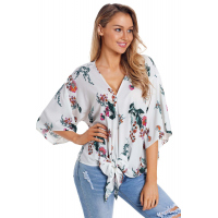 White Flowery Print Tie Front Kimono Sleeve Blouse