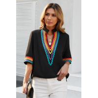 Black Ethnic Colorblock Short Sleeves Top