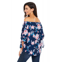 Navy Blue Floral Elastic Off Shoulder Top