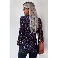 Navy Button V Neck Long Sleeve Floral Top