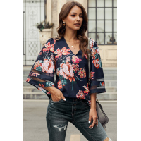 Red 3/4 Flared Sleeve Floral Blouse