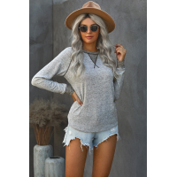 Gray Contrasted Stitching Hacci Knit Long Sleeve Top 