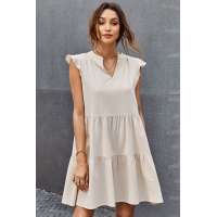 Beige Short Ruffled Sleeve V Neck Tiered Gathered Dress