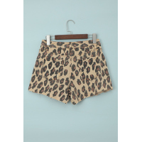 Leopard Mid Waist Frayed Hemline Jean Shorts