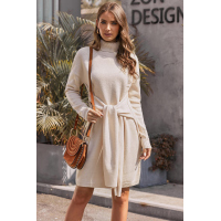 Apricot Long Sleeve Tie Waist Turtleneck Pullover Sweater Dress