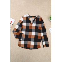 Orange Contrast Plaid V Neck Long Sleeve Top