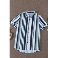 White Navy Striped Short Sleeve Button Shirt