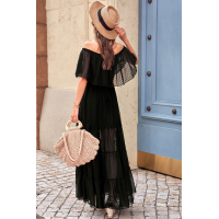 Black Off Shoulder Ruffle Swiss Dot Maxi Dress