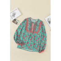 Green V Cut Neck Floral Lantern Sleeve Blouse