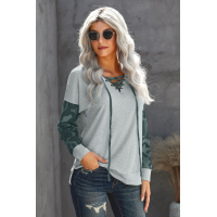 Gray Camo Lace-Up Side Split Hem Long Sleeve Top