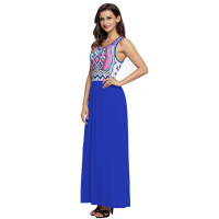 Stylish Aztec Print Sleeveless Royal Blue Maxi Dress