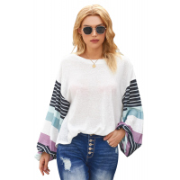 White Striped Colorblock Long Sleeve Knit Top