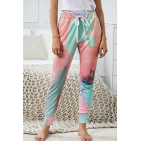 Pink Tie-dye Color Block Drawstring Pants