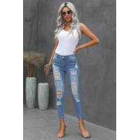 Light Blue Cut Out Distressed Ripped Pockets High Waisted Long Jeans