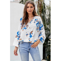 Blue Ballon Sleeve Floral Shirt Top