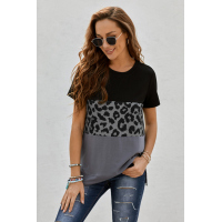 Black Leopard Print Color Block Short Sleeve T-Shirt