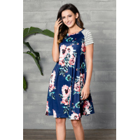 Blue Backdrop Floral Print A-line Loose T-shirt Dress