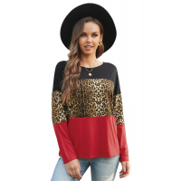 Burgundy Colorblock Leopard Patchwork Long Sleeve Top