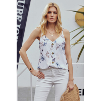 White Floral Print Button Up Tank Top