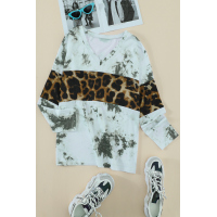 Green Tie Dye Print Leopard Splicing V Neck Long Sleeve Top