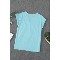 Sky Blue Buttoned Detail Cotton Blend Short Sleeve T-shirt