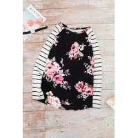 Floral Striped Elbow Patch Baseball Long Sleeve Top