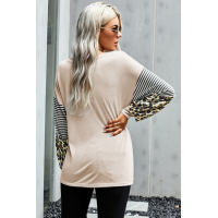 Khaki Leopard Striped Print Sleeve Colorblock Top