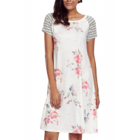 White Backdrop Floral Print A-line Loose T-shirt Dress