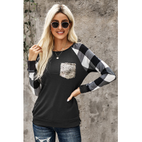 Black Plaid Splicing Sequined Pocket Long Sleeve Top