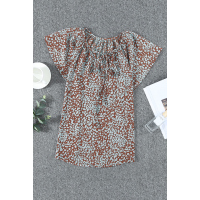 Brown V-neck Short Sleeve Fashion Print Fantasy Fluttering Blouse