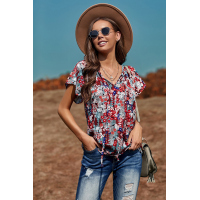 Blue V-neck Short Sleeve Fashion Print Fantasy Fluttering Blouse