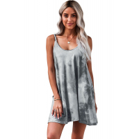 Gray U Neck Gradient Color Printed Sling Sleeveless Swing Mini Dress