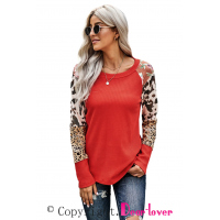 Orange Multi Print Color-block Sleeves Waffle Knit Top