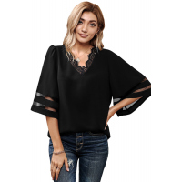 Black V Lace Neckline 3/4 Bell Mesh Sleeves Blouse