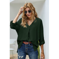 Green V Neck 3/4 Sleeve High Low Hem Shirt