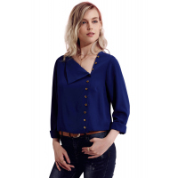 Navy Turndown Collar Asymmetric Button Up Blouse