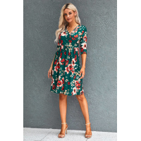 Green Floral 3/4 Sleeve Wrap Dress