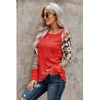 Orange Multi Print Color-block Sleeves Waffle Knit Top