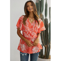 Orange Leaf Vein Floral Printed Twist Blouse