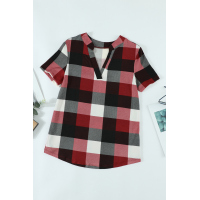 Red Plaid Pattern V Neck Short Sleeve Top