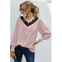 V Neck Lace Patchwork Pink Blouse