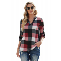 Red Contrast Plaid V Neck Long Sleeve Top