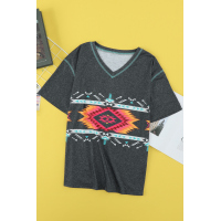 Gray Aztec Geometric Print V Neck Tee