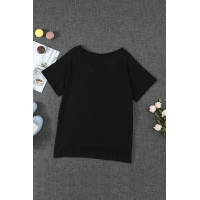 Black V Neck Short Sleeves Cotton Blend Tee with Front Pocket and Side Slits