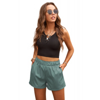 Green Cotton Blend Pocketed High Rise Shorts 