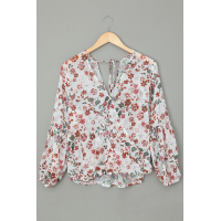 Multi-color Wrap V Neck Lantern Sleeve Floral Print Drape Blouse