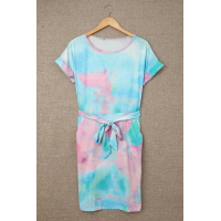 Multicolor Tie-dye Pocketed T-shirt Dress with Belt