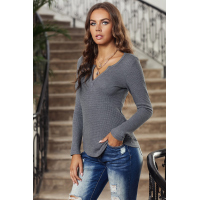 Gray V Neck Cotton Blend Long Sleeve Top