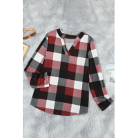 Red Contrast Plaid V Neck Long Sleeve Top