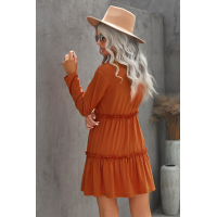 Orange Long Sleeve Ruffled Solid Swing Mini Dress